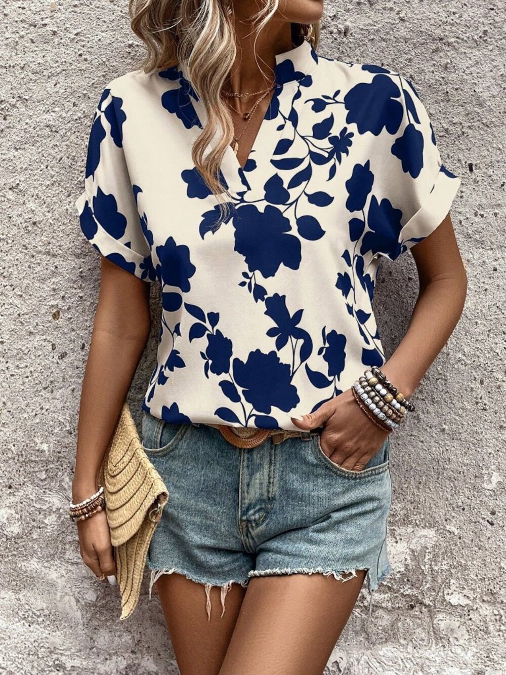 Multicolor Casual Women's Floral V-Neck Batwing Loose Short Sleeve Shirt